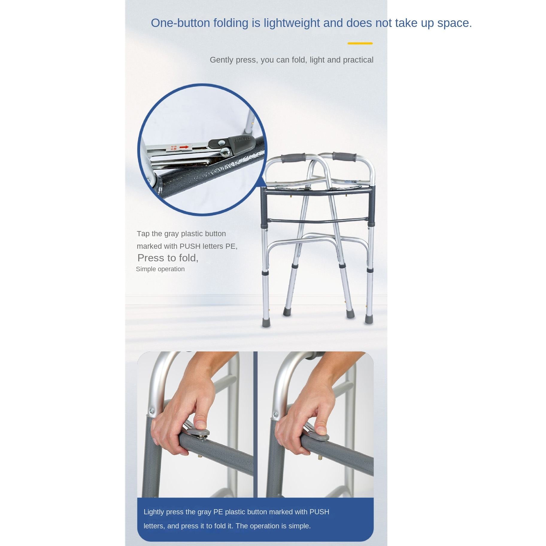 Wheelless Double Button Foldable Aluminum Alloy Walker Disc Brake for Elderly Height Adjustable Rehabilitation Therapy Supplies